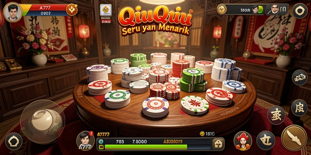 Screenshot A7777 menampilkan aksi seru dalam permainan QiuQiu.