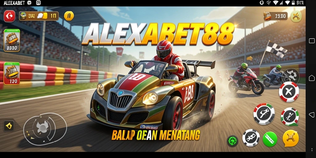 Gameplay seru ALEXABET88 dengan mobil balap yang menantang.
