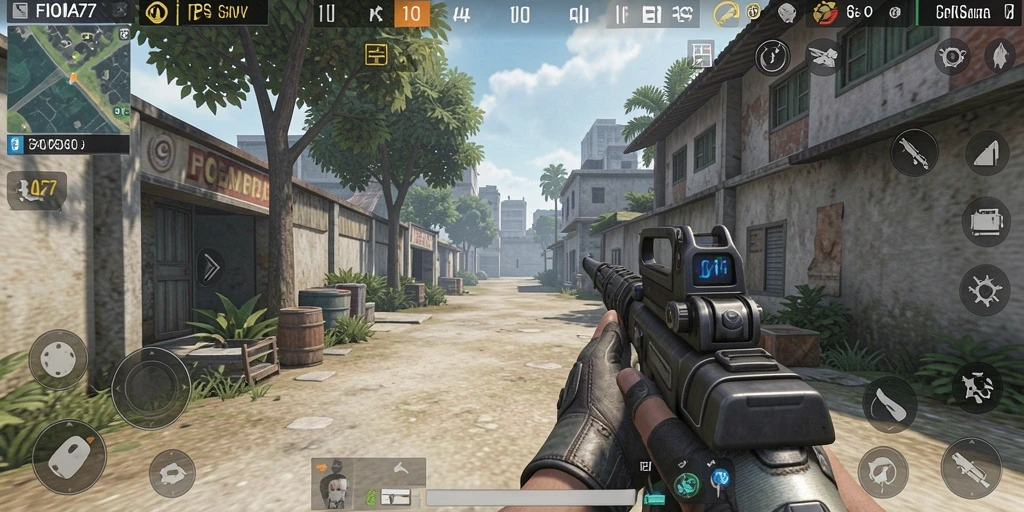 Tampilan gameplay FIONA77 menampilkan aksi menembak yang seru.