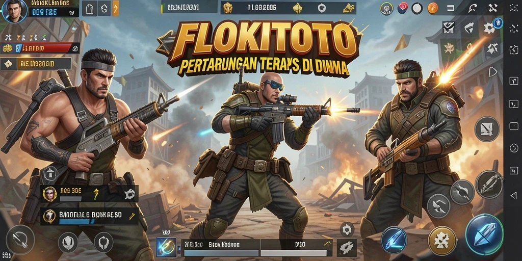 Screenshot gameplay <strong>FLOKITOTO</strong> menampilkan aksi pertempuran intens di peta luas.