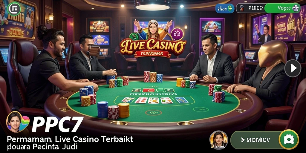 Screenshot gameplay PCPC7 yang menampilkan dealer dan suasana permainan Live Casino.