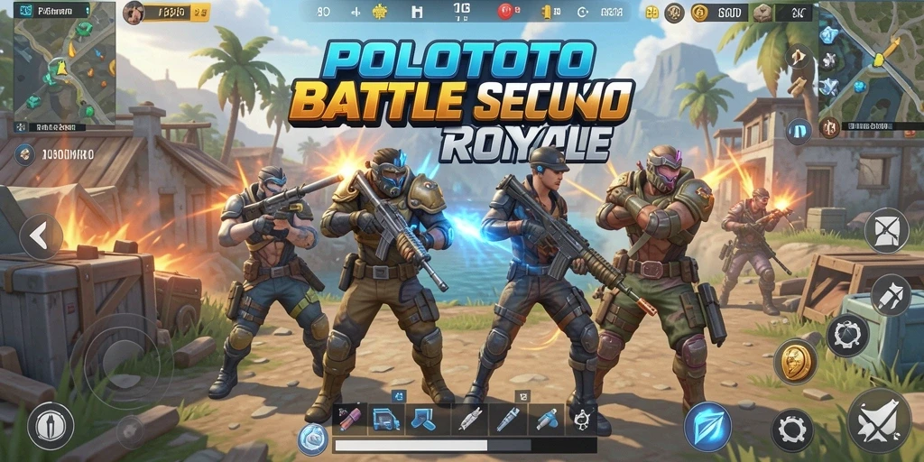 Tangkapan layar utama POLOTOTO menampilkan aksi pertempuran yang intens di arena Battle Royale.