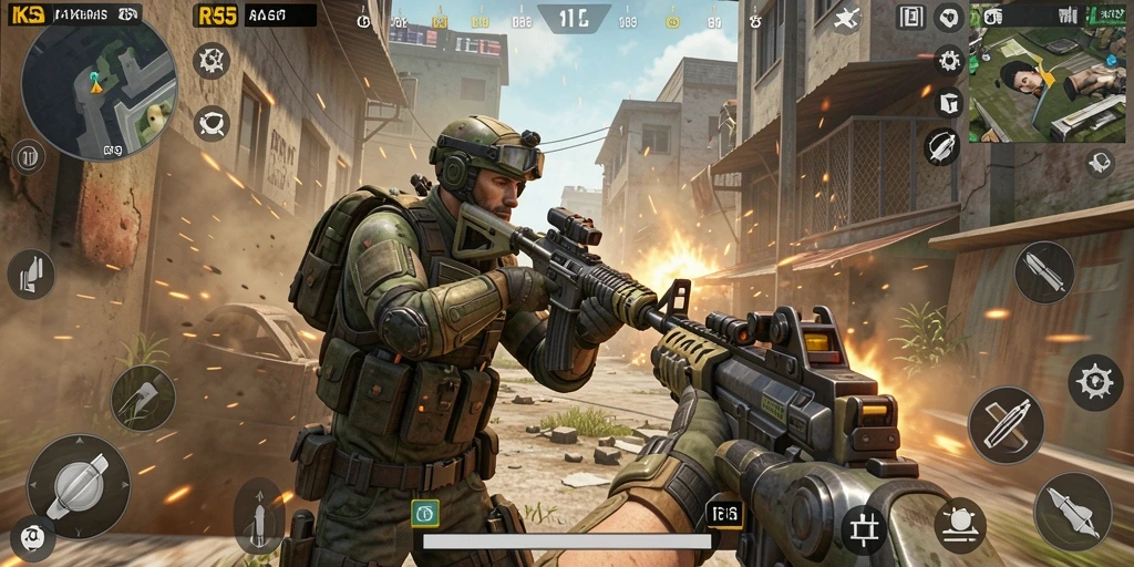 Screenshot RK55 menampilkan aksi intens dalam pertempuran FPS.
