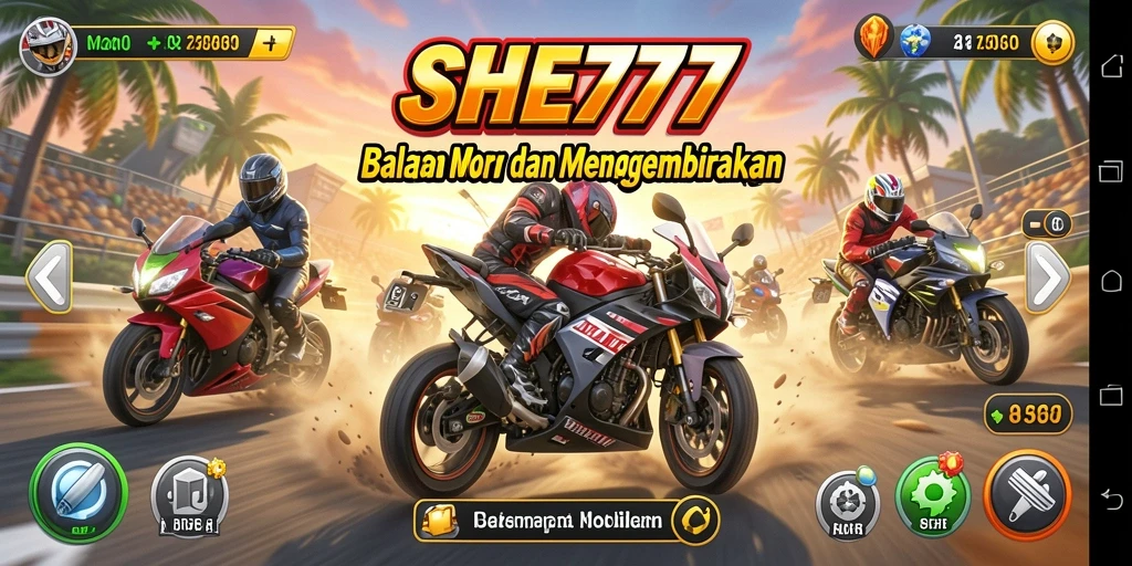 Tampilan gameplay SHE777 dengan motor balap yang cepat dan lintasan menantang.