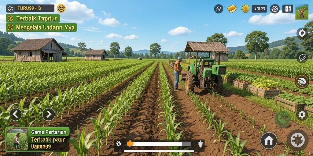 Tampilan gameplay TURU99 yang menampilkan ladang hijau dan tanaman subur.